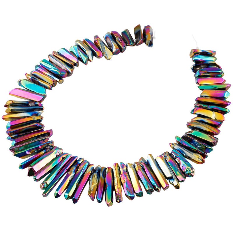 SUNYIK Rainbow Aura Titanium Coated Crystal Points Quartz Polished Sticks Spikes Point Beads 15 inch Strand Drilled - Image 2